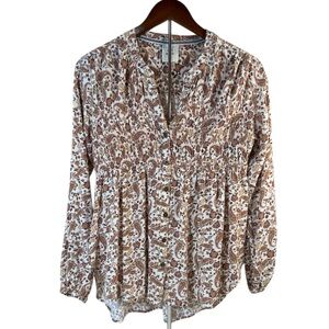 Knox Rose Long-sleeve Smocked Button Shirt Boho Brown Pink Paisley Size Small